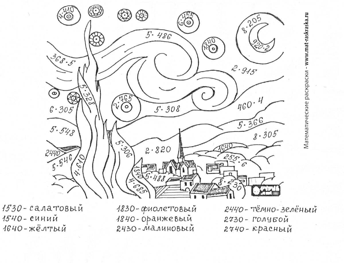 На раскраске изображено: Математика, Умножение, Деление, Пейзаж, Ван Гог, Звезды, Небо, Ночь