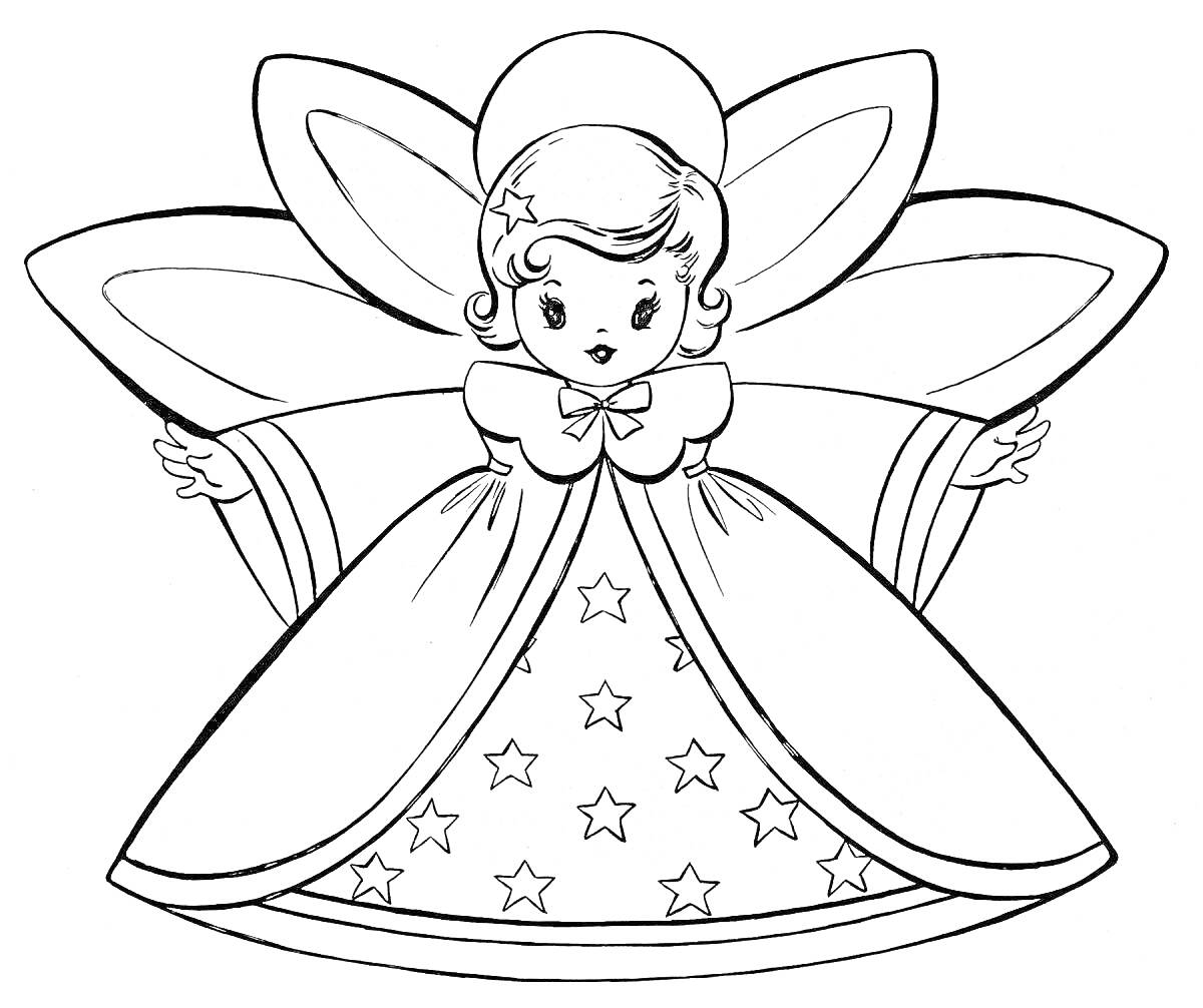 Раскраска Ангел с бантами, звездным орнаментом на платье и крыльями