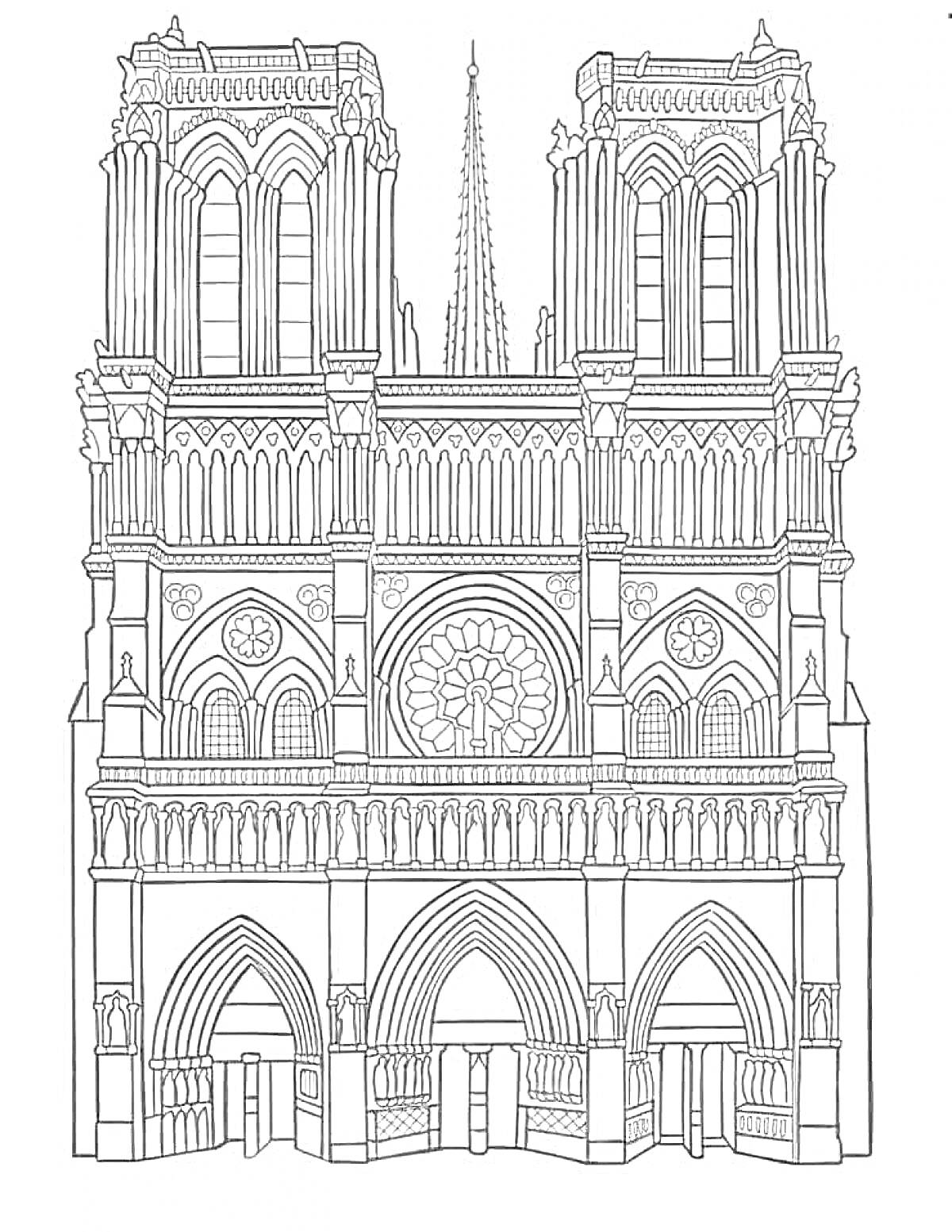 Раскраска Фасад готического собора с двумя башнями, розой и арочными входами