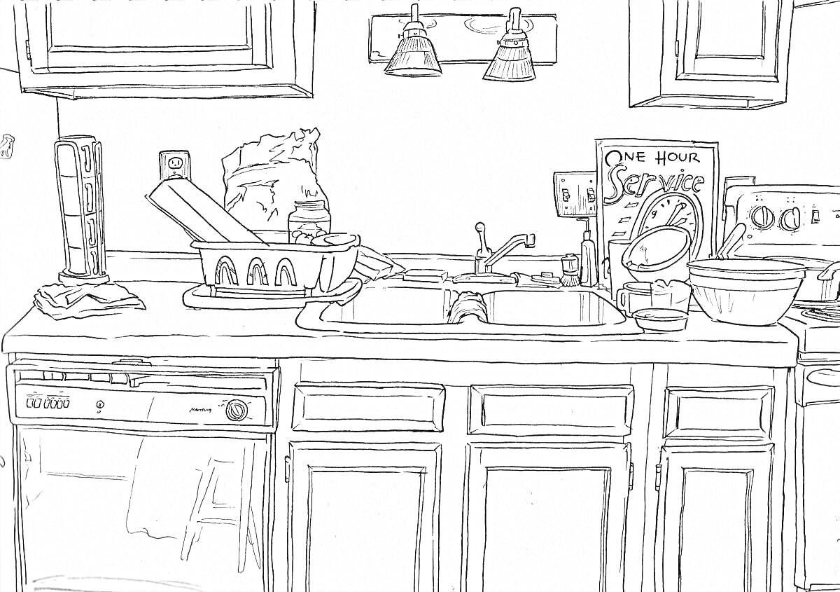 На раскраске изображено: Кухня, Посуда, Полки, Продукты, Столешница, Раковина, Миксер, Коробка, Кран, Шкаф, Светильники