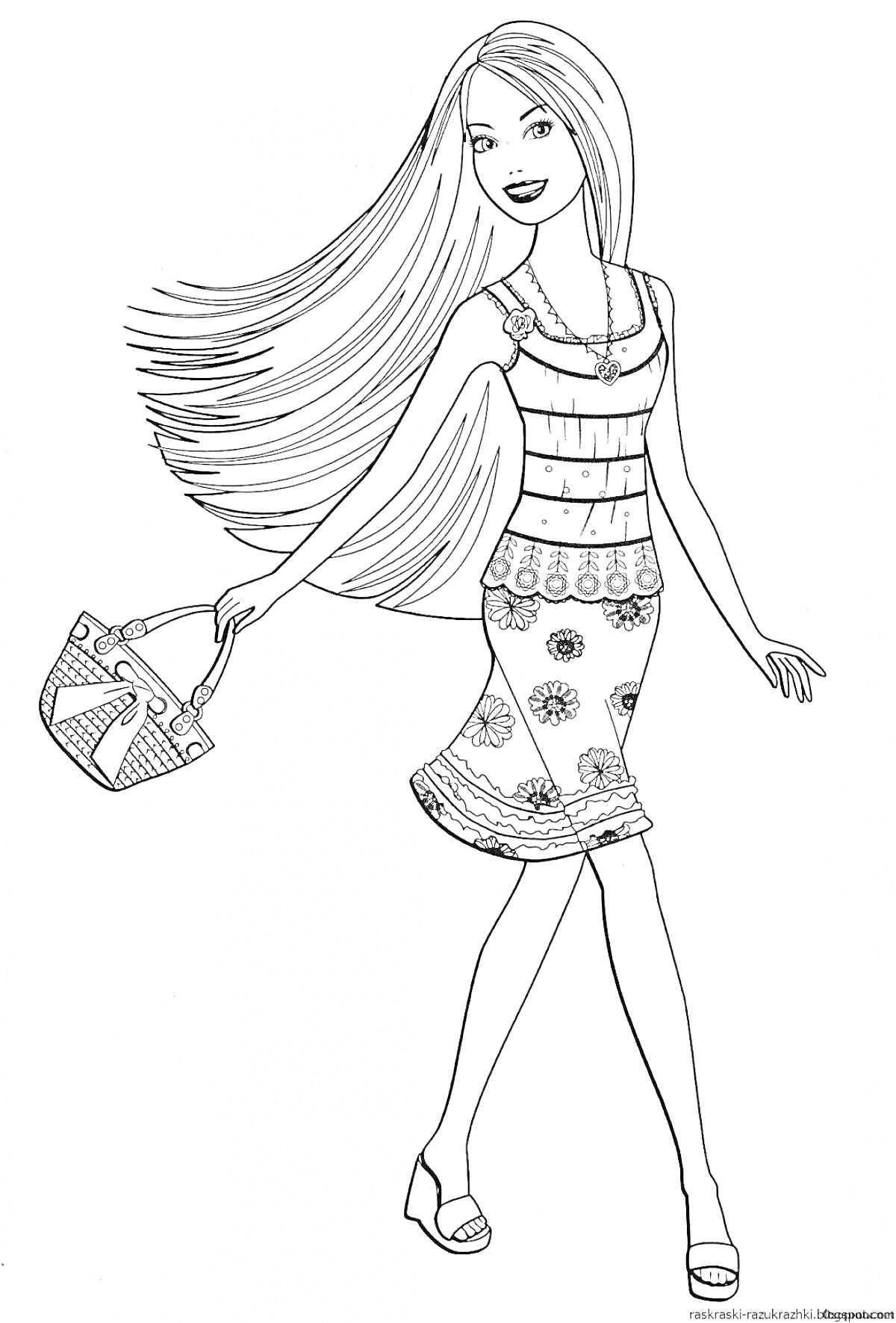 Раскраска Кукла Барби с длинными распущенными волосами, с сумочкой, в топе, в юбке с цветочным узором и в босоножках