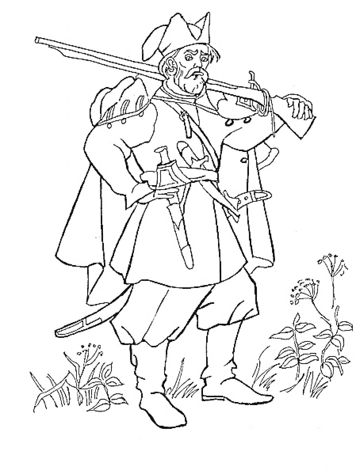Раскраска Казак с мушкетом среди трав и цветов