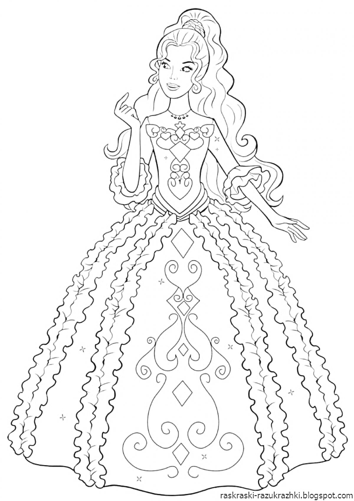 На раскраске изображено: Принцесса, Платье, Пышное платье, Длинные волосы, Узоры