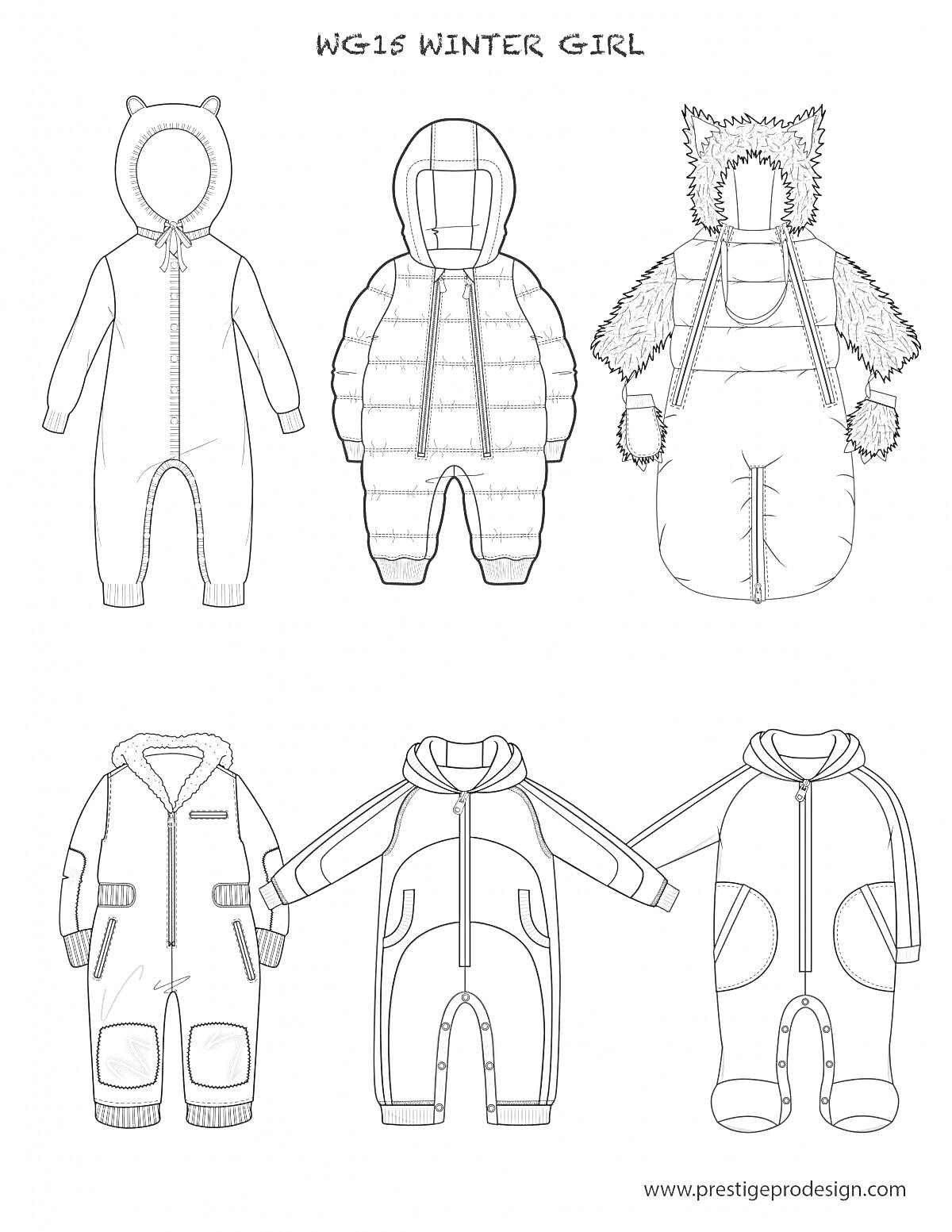 Раскраска Разнообразные зимние комбинезоны для девочек. На рисунке показаны: комбинезон с капюшоном и ушками, пуховый комбинезон с капюшоном, комбинезон с капюшоном и меховыми вставками, комбинезон с карманами и накладками на коленях, комбинезон с двумя молниями и 