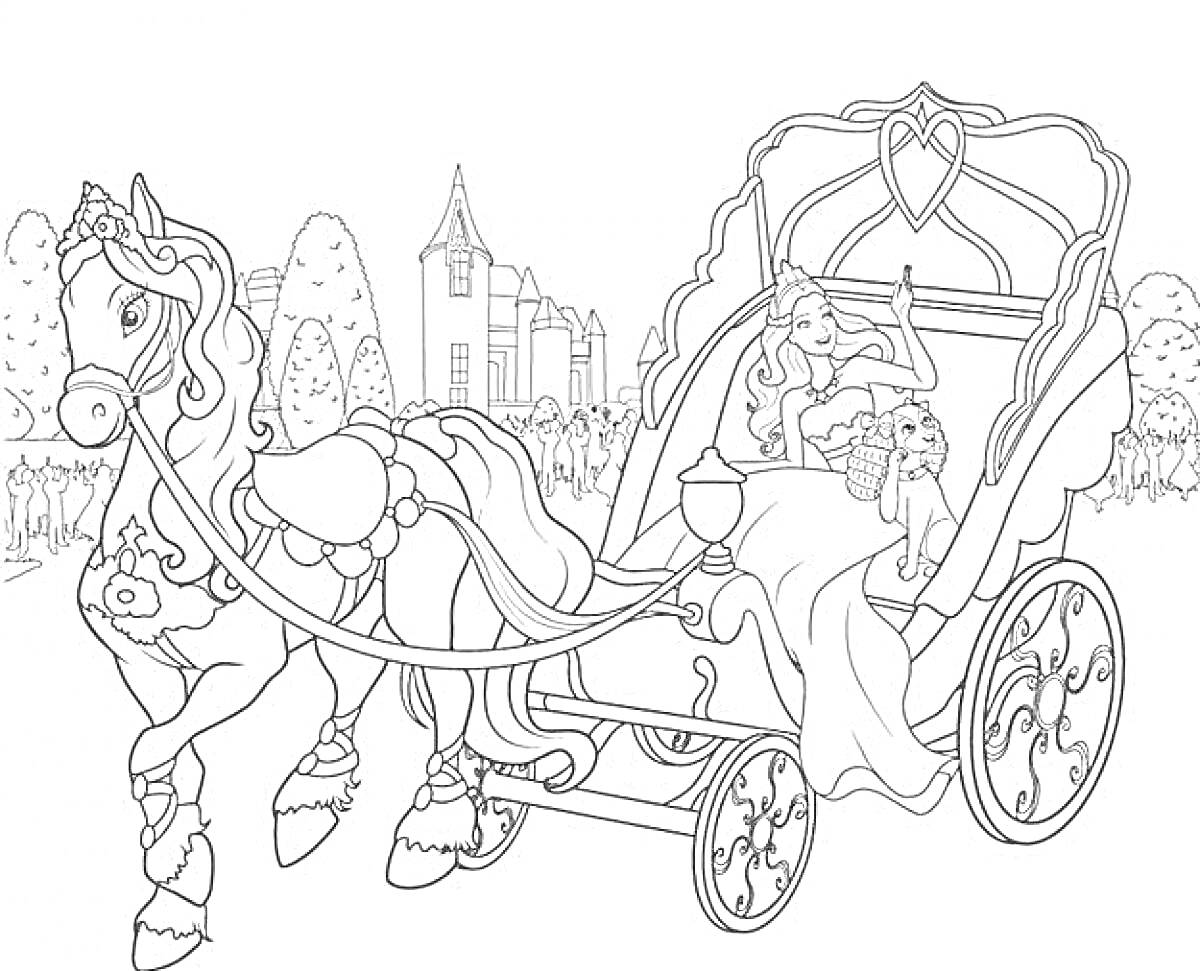 На раскраске изображено: Барби, Карета, Лошадь, Замок, Деревья, Природа, Принцесса, Транспорт, Из сказок, Подруги