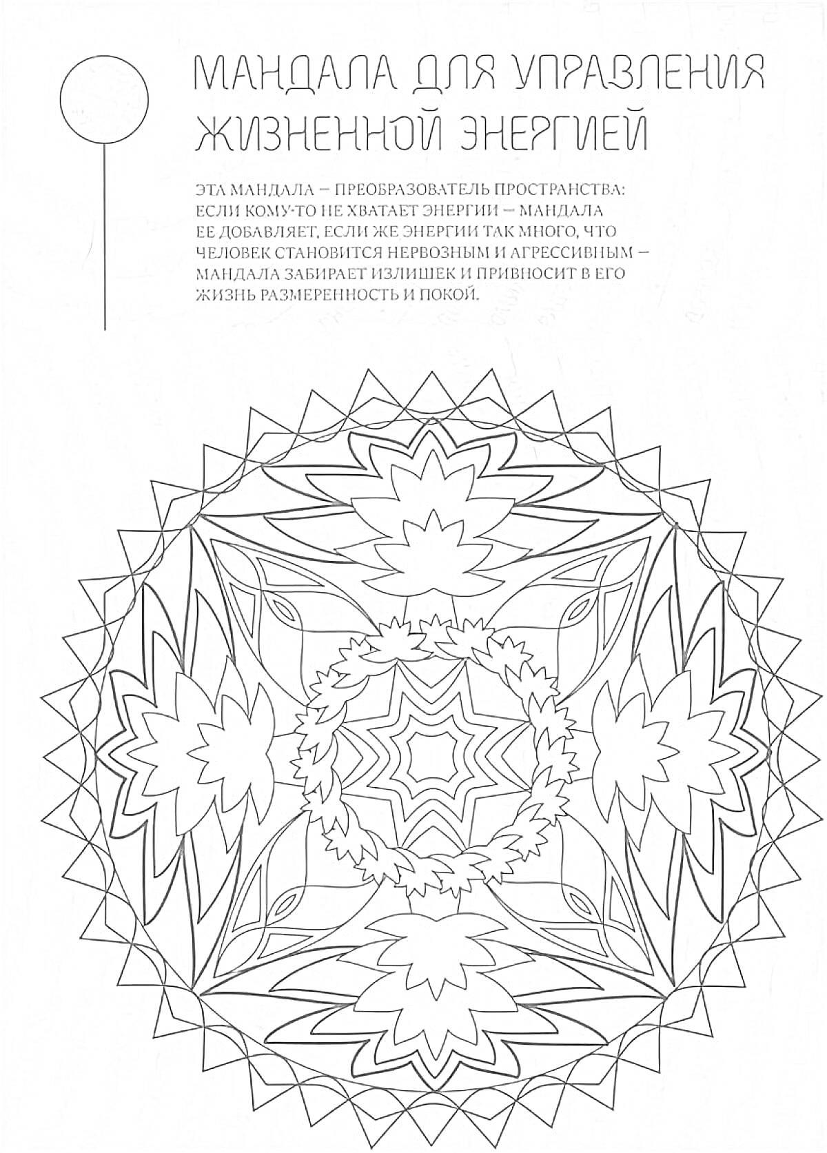 Раскраска Мандала для управления жизненной энергией, узор с геометрическими элементами, листьями и цветками