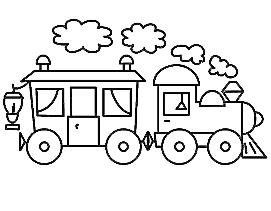 На раскраске изображено: Поезд, Вагоны, Дым, Локомотив, Железная дорога, Для детей