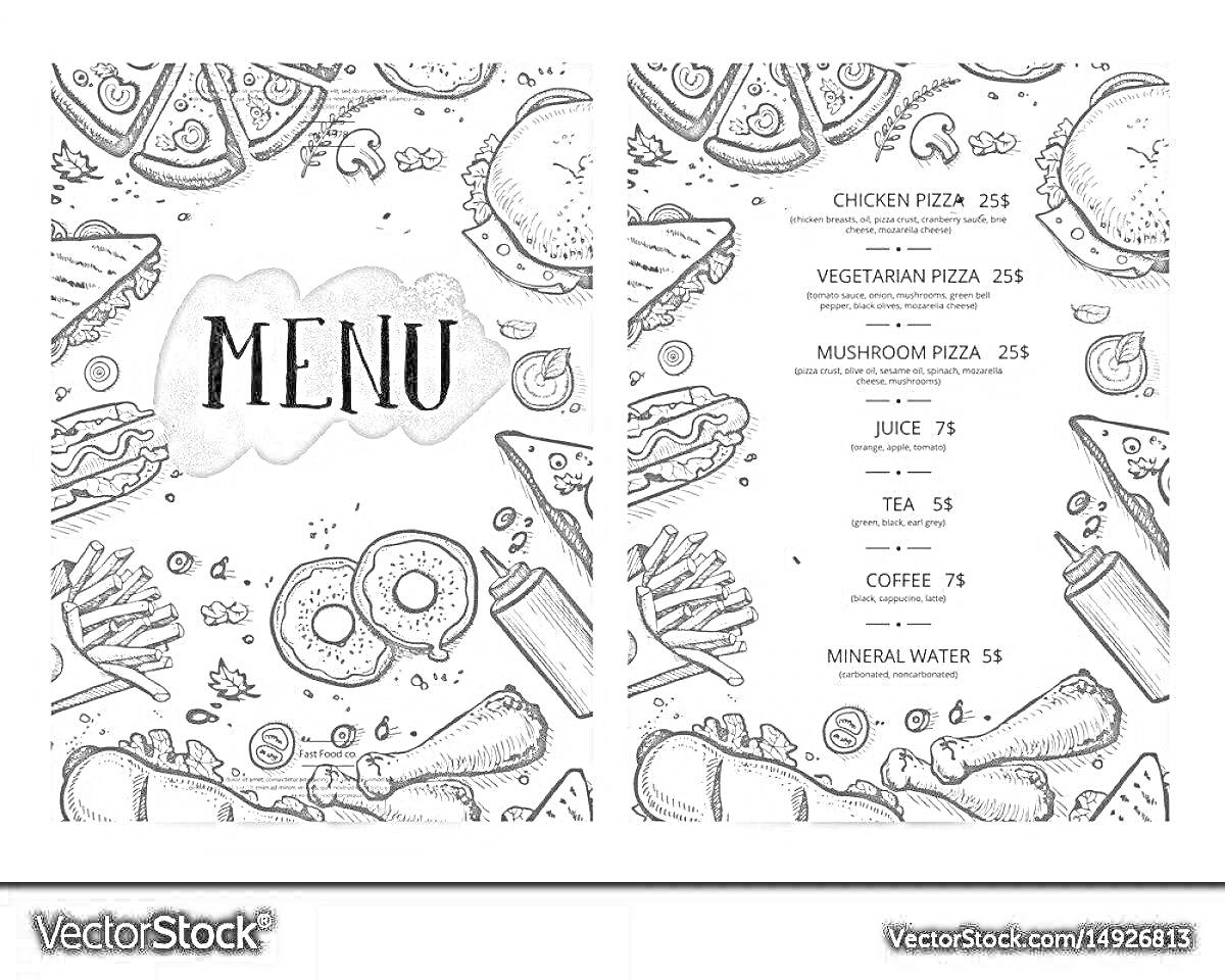 Раскраска Меню с изображениями кусочков пиццы, спагетти, бутербродов, сосисок, кухонных принадлежностей, овощей и яиц