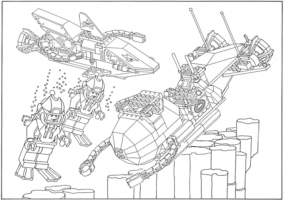 На раскраске изображено: Лего, Минифигурки, Военные, Транспорт, Техника, База, Подводный, Война, Детали, Конструкция