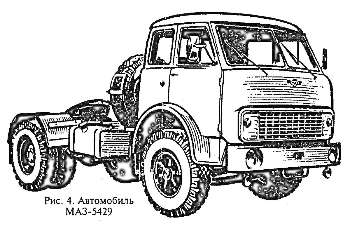 Раскраска Автомобиль МАЗ-5429 с кабиной, шасси и задними колесами