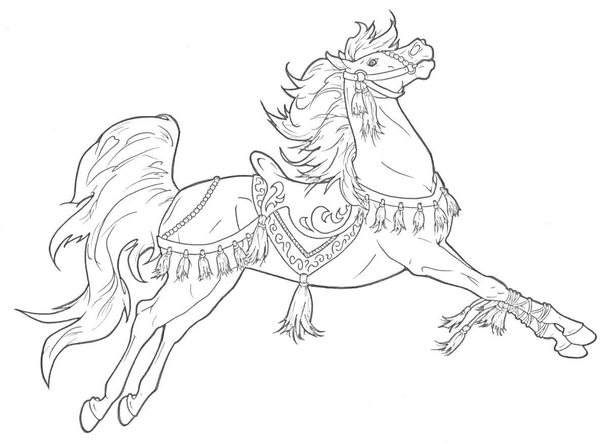 Раскраска Лошадь в праздничной сбруе с украшениями, прыгающая