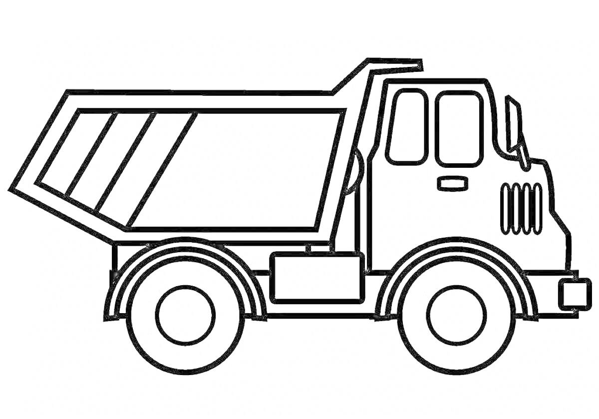 На раскраске изображено: Самосвал, Транспорт, 3 года, 4 года, Детский транспорт