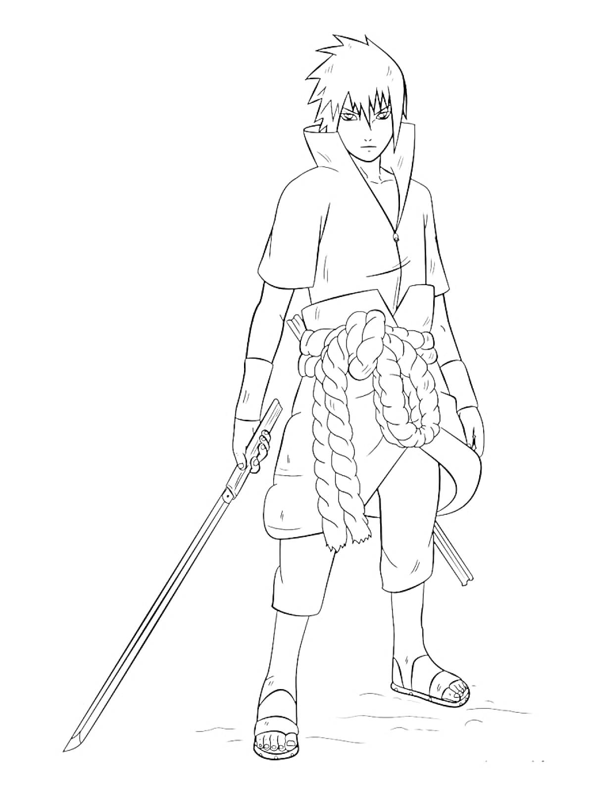 Раскраска Саске Учиха с мечом, стоящий в полный рост
