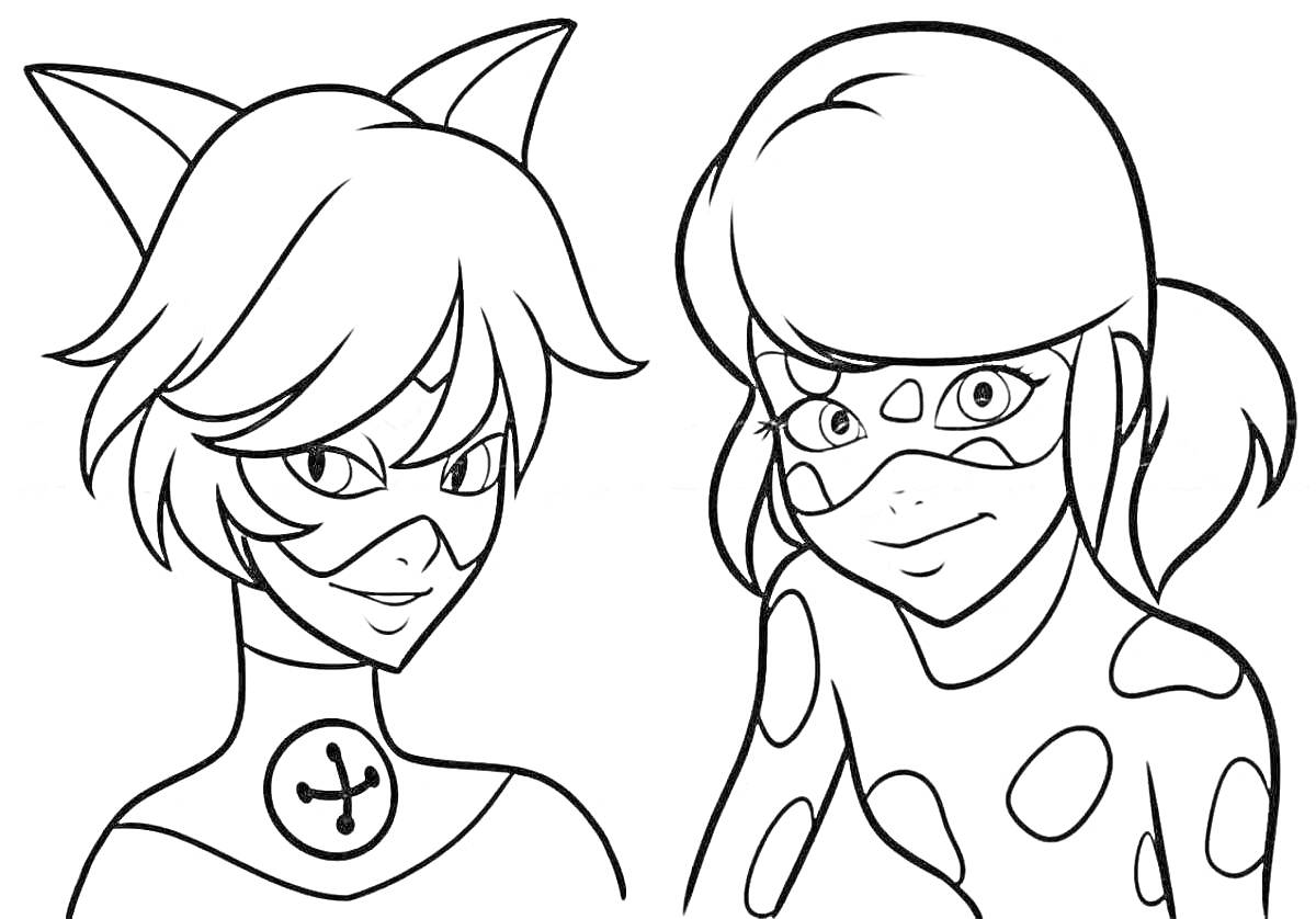 Раскраска кот-герой и девочка в маске, два персонажа в масках, у одного уши как у кота, рисунок в стиле комиксов