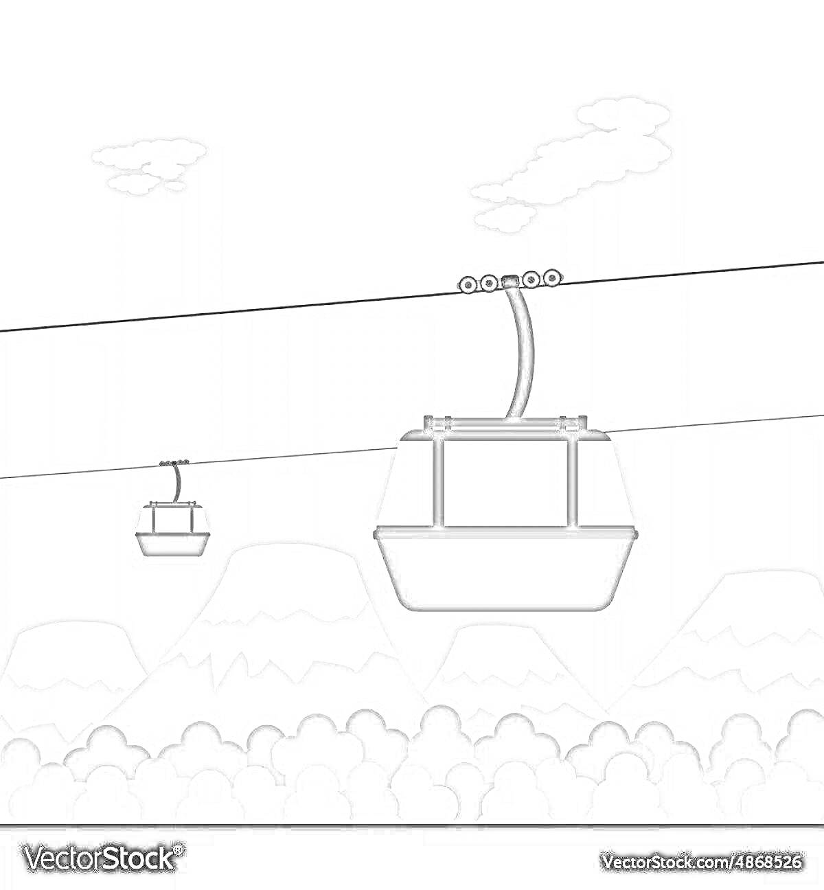 Раскраска Канатная дорога с двумя кабинками на фоне гор и леса