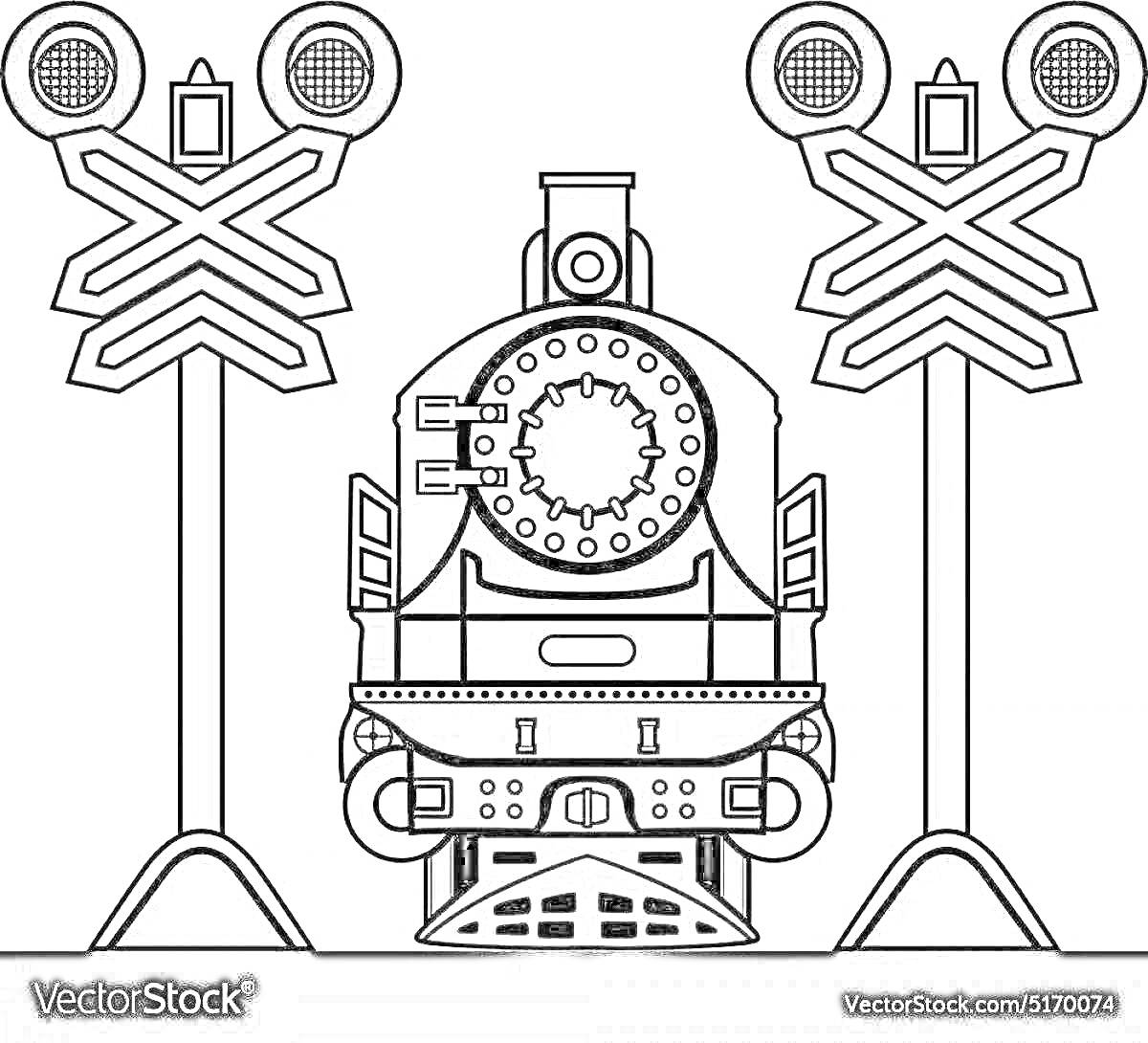 Раскраска Паровоз перед железнодорожным переездом со светофорами