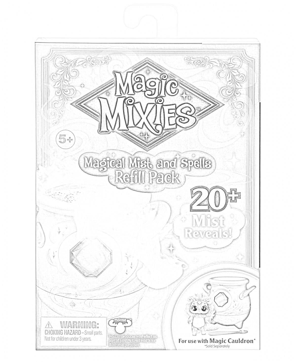 Раскраска Magic Mixies Magical Mist and Spells Refill Pack. Изображены магический котёл, надписи 