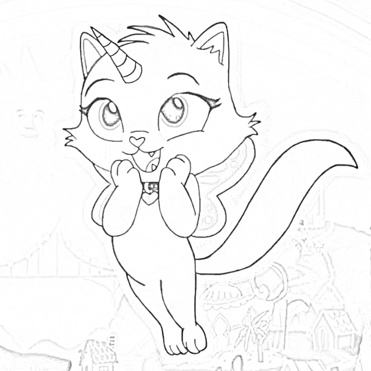 Раскраска Радужная кошка с единорогом, фелисити с крыльями, мост, город, солнце с лицом