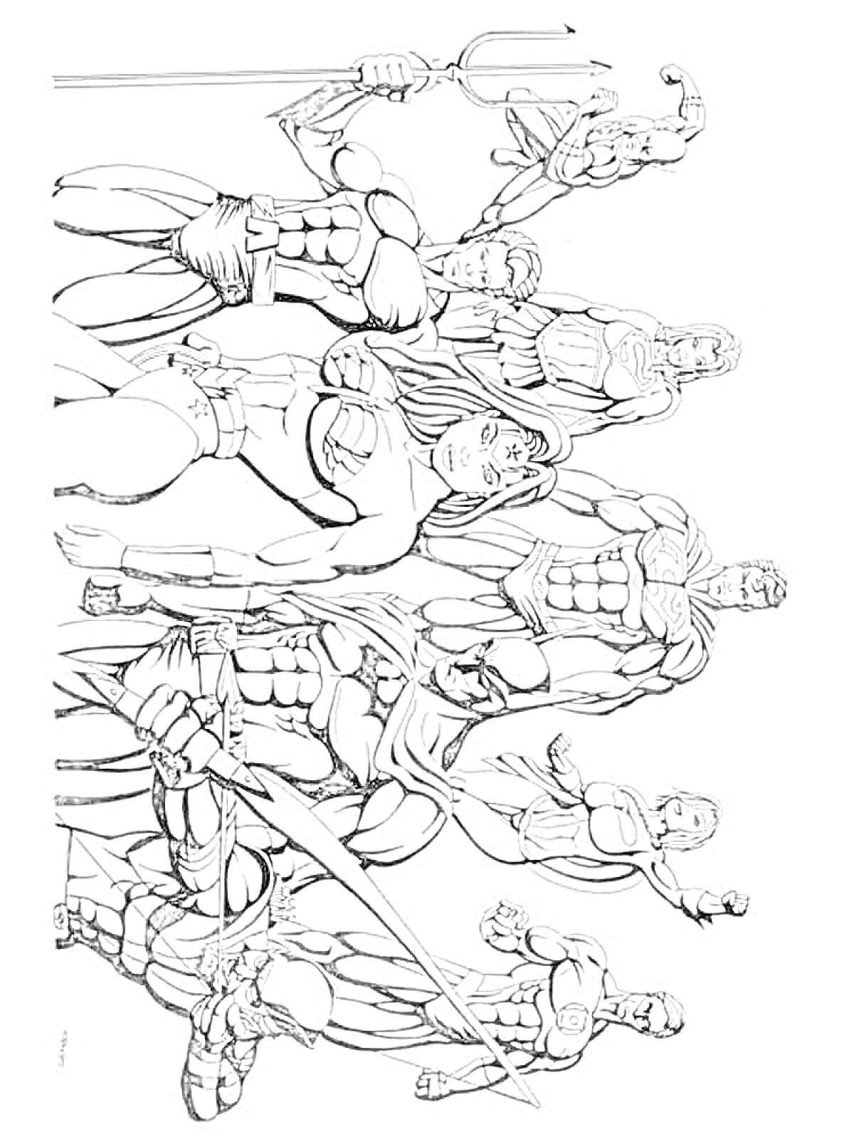 На раскраске изображено: Лига Справедливости, Супергерои, Комиксы, Бой, Оружие, Сила, Костюм