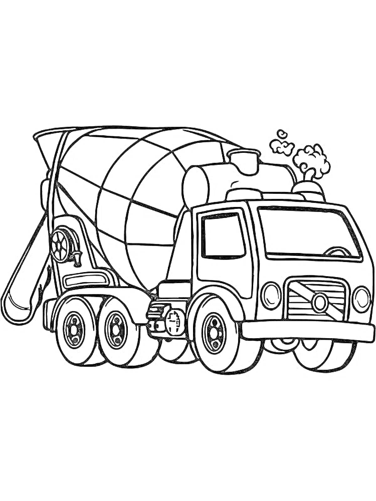 Раскраска Бетономешалка с барабаном, колесами, трубой и выгрузной лентой на кузове
