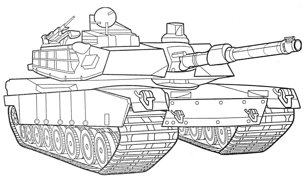 Раскраска Боевой танк с пушкой, броней и гусеницами