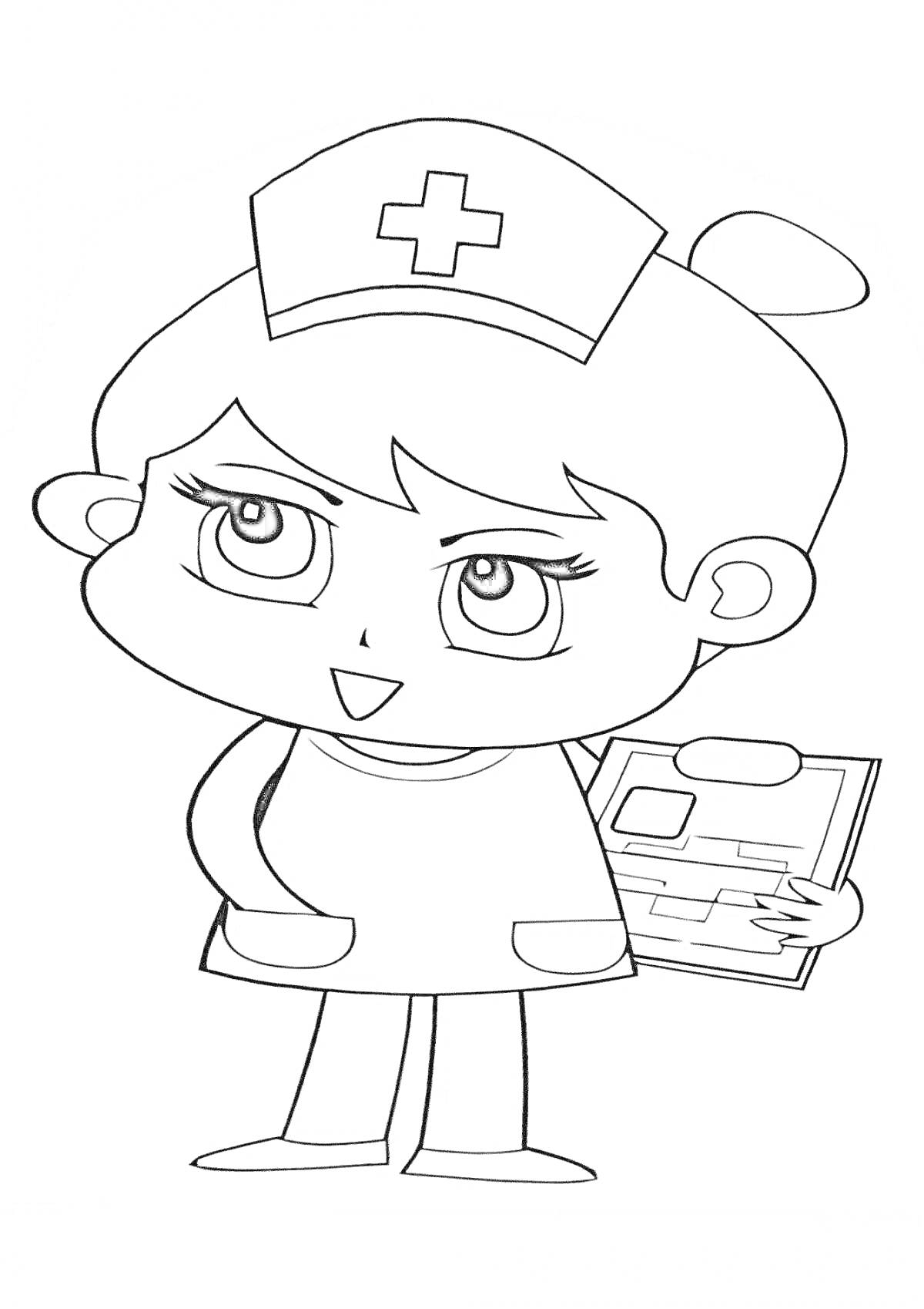 На раскраске изображено: Медсестра, Лист бумаги, Медицинская шапочка, Медицина