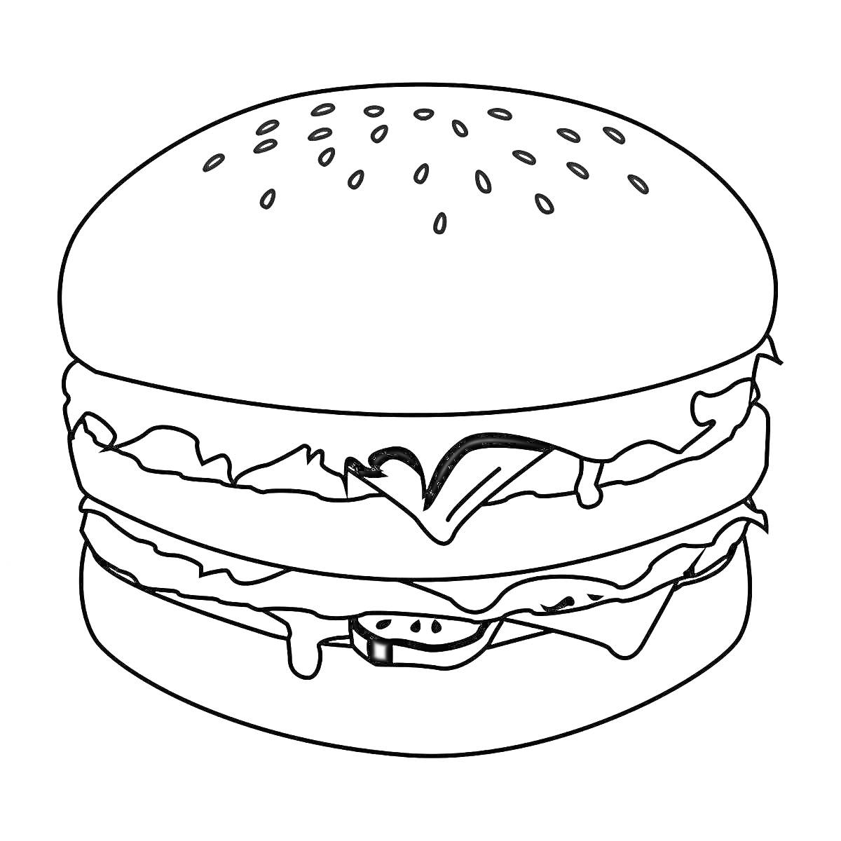 Раскраска Бургер с кунжутной булочкой, листом салата, сыром, огурцом и соусом