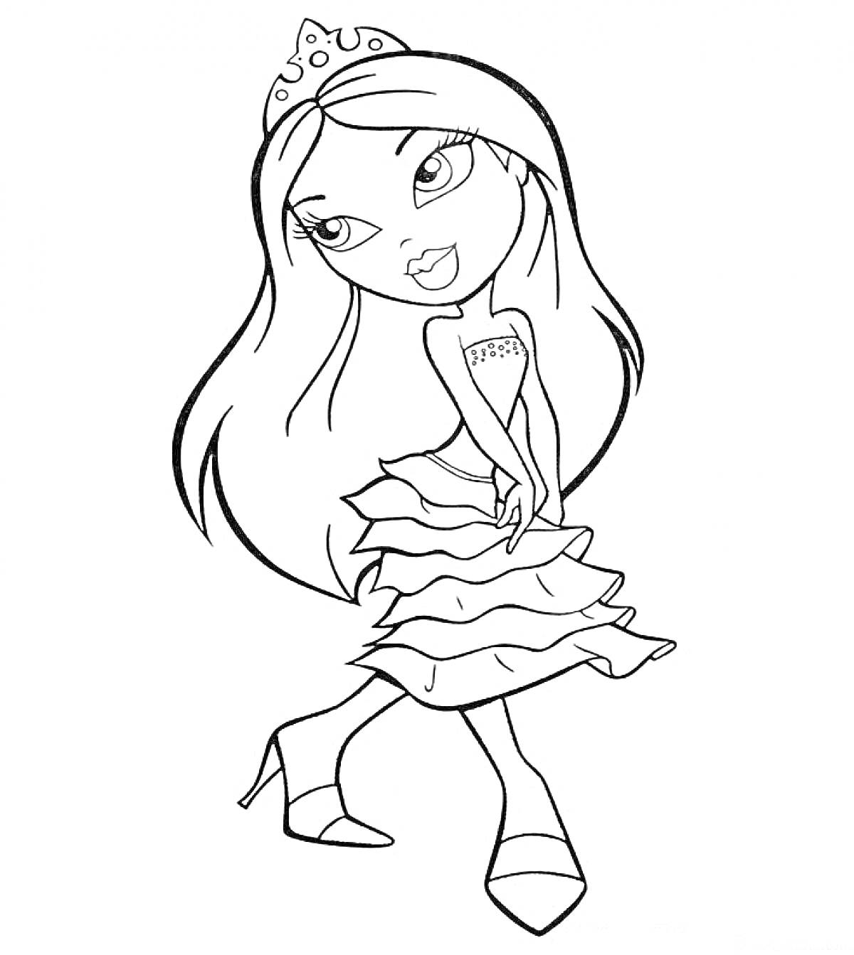 Раскраска Кукла с длинными волосами в тиаре и многослойном платье