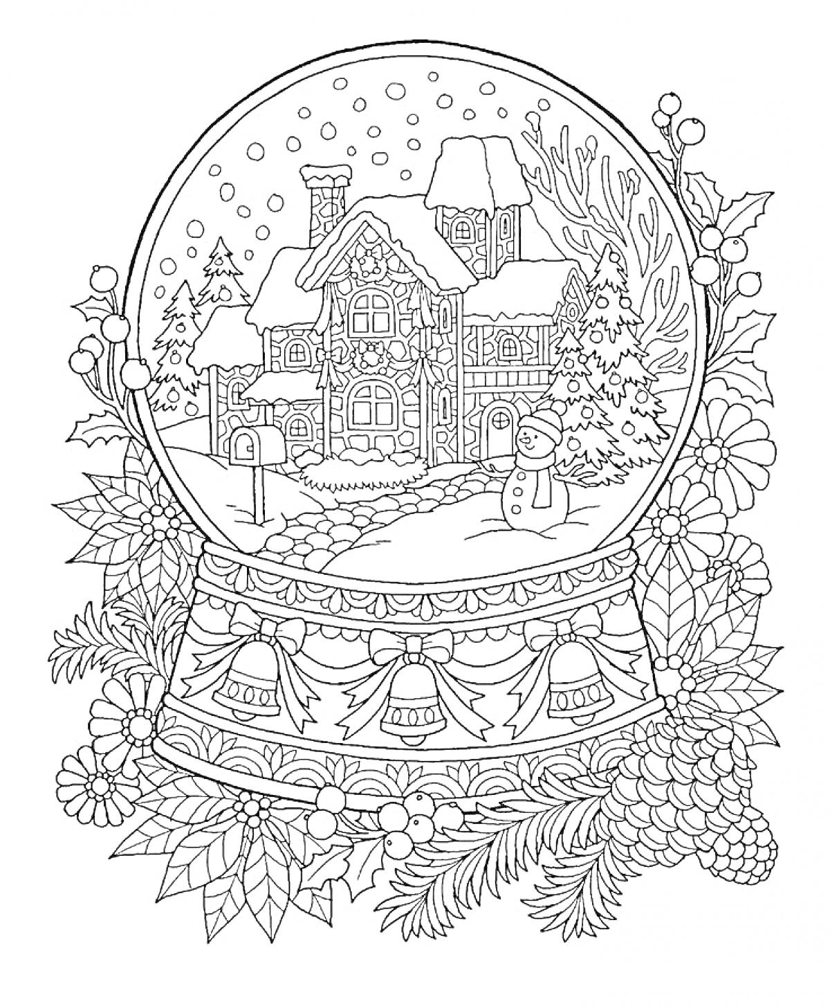 Раскраска Снежный шар с зимним домом, снеговиком, еловыми ветвями, шишками и колокольчиками, окружённый цветами и листьями