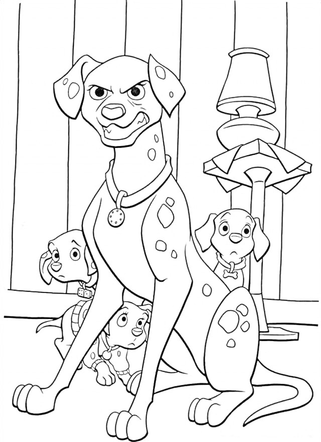 Раскраска Взрослый далматинец и три щенка рядом с лампой