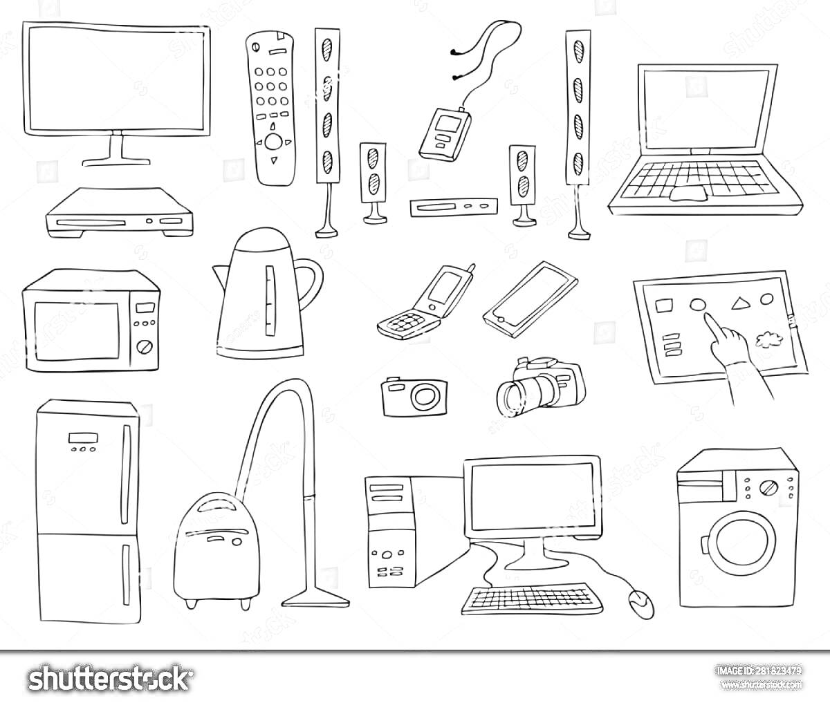 На раскраске изображено: Телевизор, Пульт, Наушники, Колонки, Ноутбук, Мобильные телефоны, Смартфон, Планшет, Фотоаппарат, Видеокамера, Холодильник, Пылесос, Компьютер, Мышь, Клавиатура, Стиральная машина