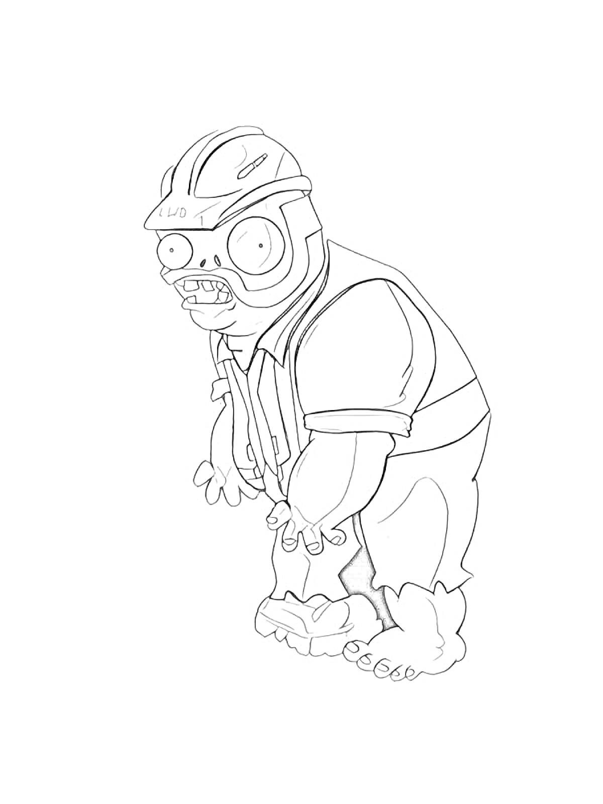 Раскраска Зомби в защитном шлеме и очках, с формой строителя