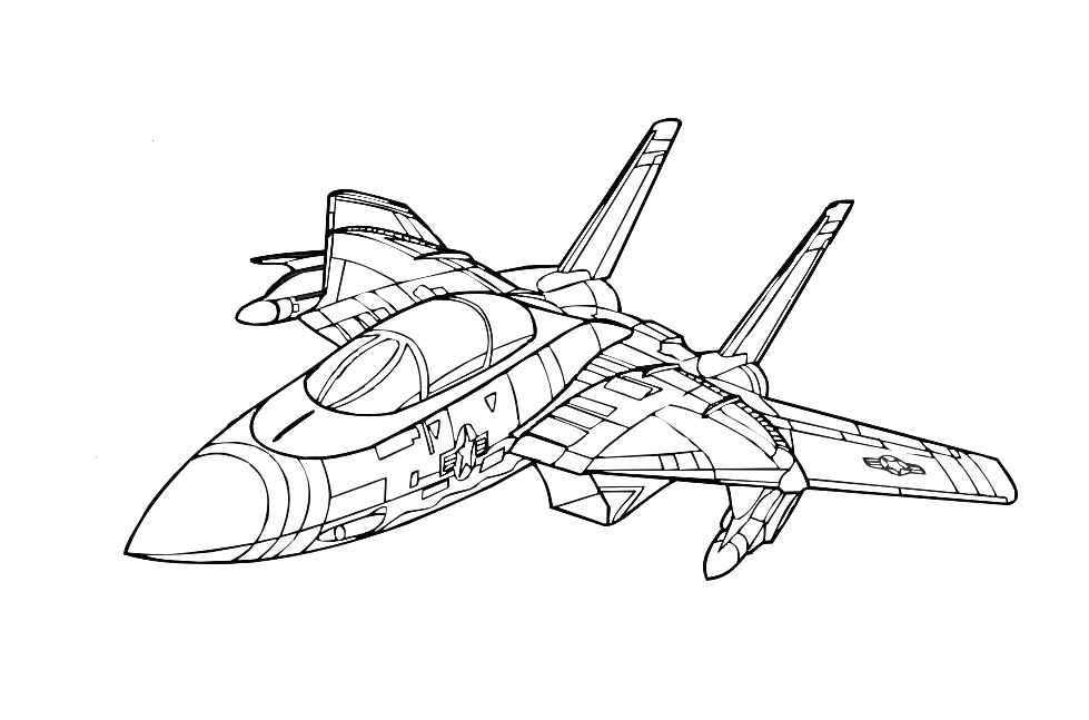 Раскраска Военный самолет с деталями кабины пилота и крыльев, двумя хвостовыми стабилизаторами и нанесенными военными эмблемами