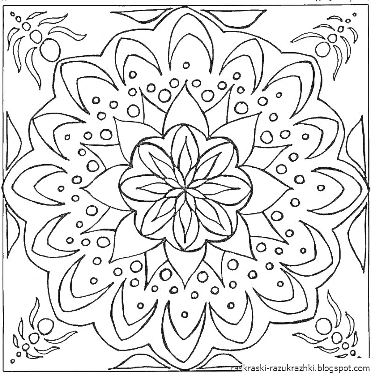 Раскраска павлопосадский платок с цветочным узором, крупный центральный цветок, лепестки с точечным орнаментом, угловые цветочные элементы