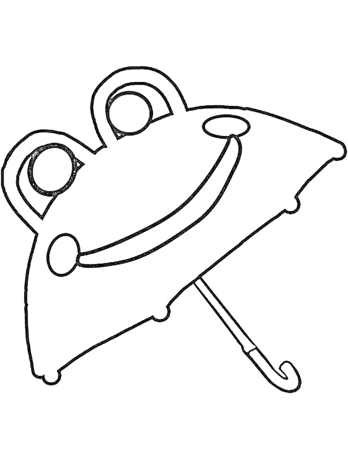 Раскраска Раскраска с изображением зонтика в форме мордочки животного с глазами, щёчками и улыбающимся ртом
