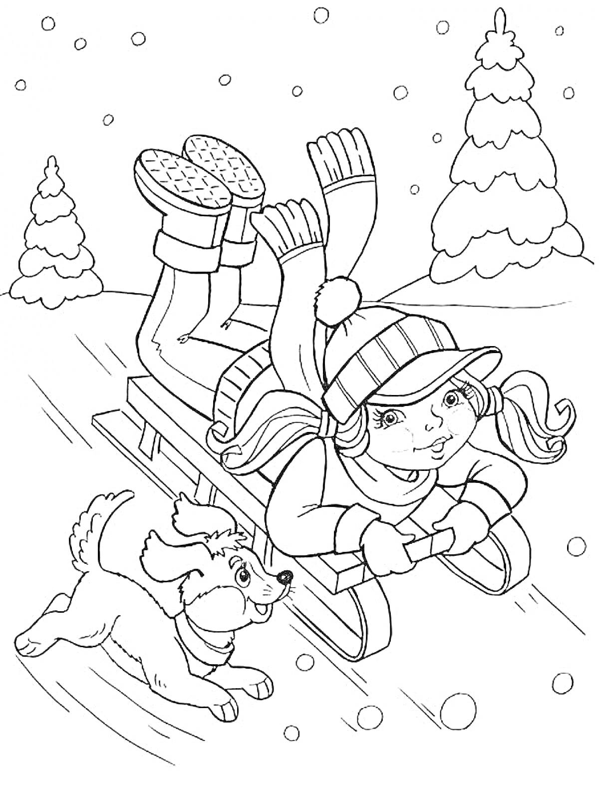 Раскраска Девочка на санках и её собака зимой среди ёлок