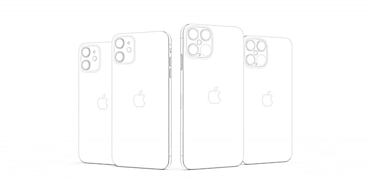 Раскраска Четыре контура iPhone 14 с логотипом Apple и тремя камерами на задней панели