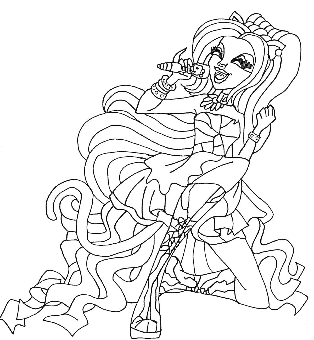Раскраска Девушка с длинными волосами в одежде с рюшами поет в микрофон и танцует