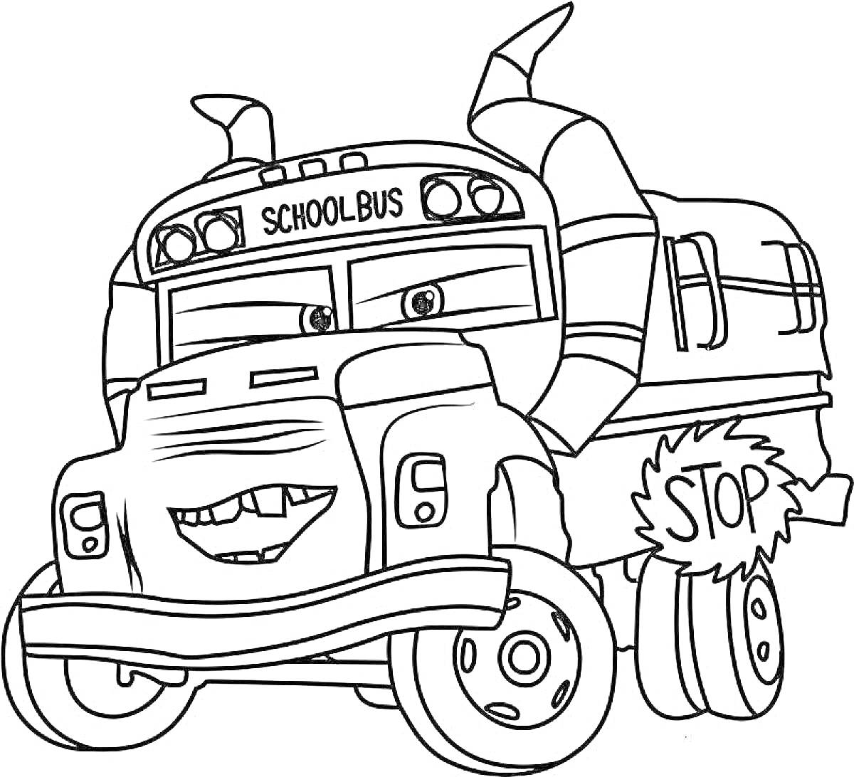На раскраске изображено: Школьный автобус, Рога, Персонаж, Транспорт