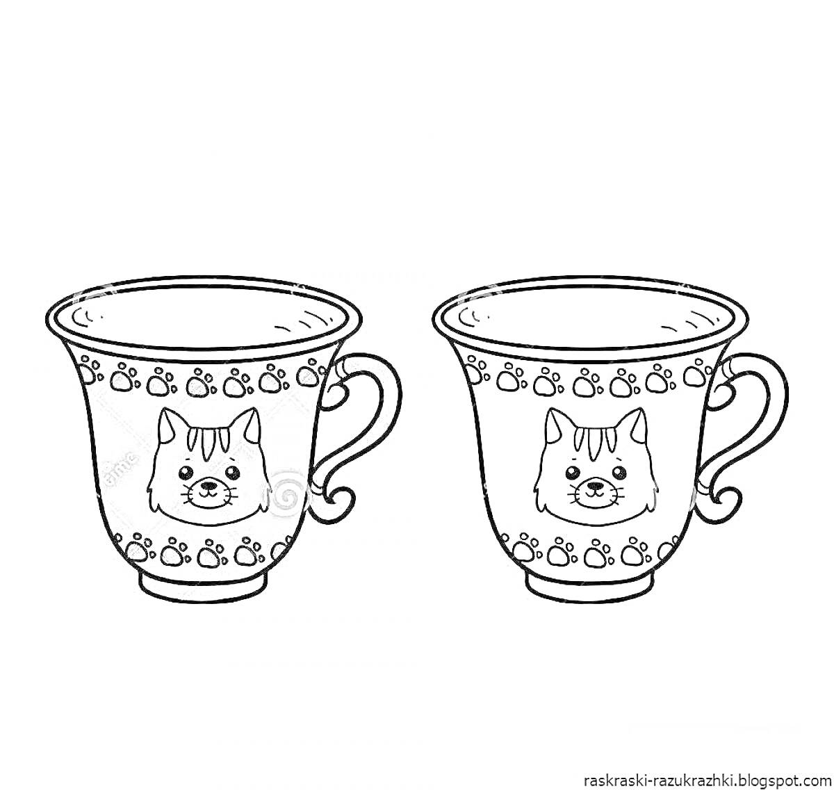 Раскраска две чашки с рисунком кота и яблок