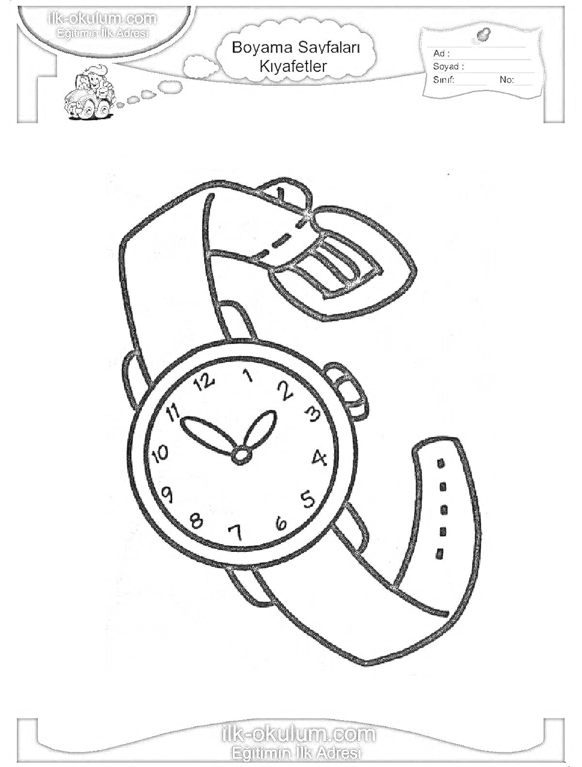 На раскраске изображено: Часы, Наручные часы, Циферблат, Стрелки, Пряжка, Для детей, Контурные рисунки