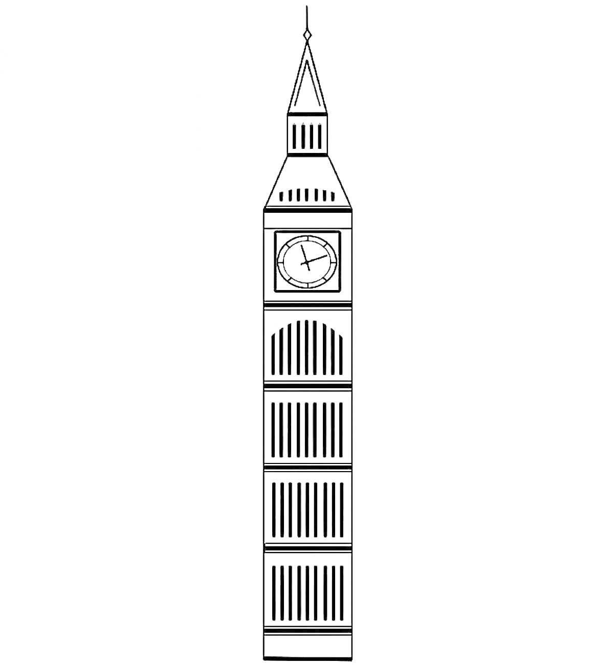 На раскраске изображено: Биг Бен, Часы, Лондон, Архитектура