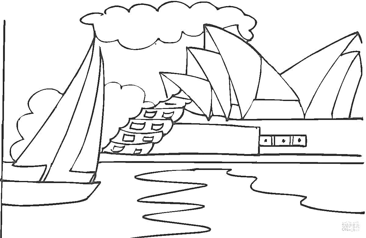 Раскраска Парусная лодка у набережной с футуристическими зданиями