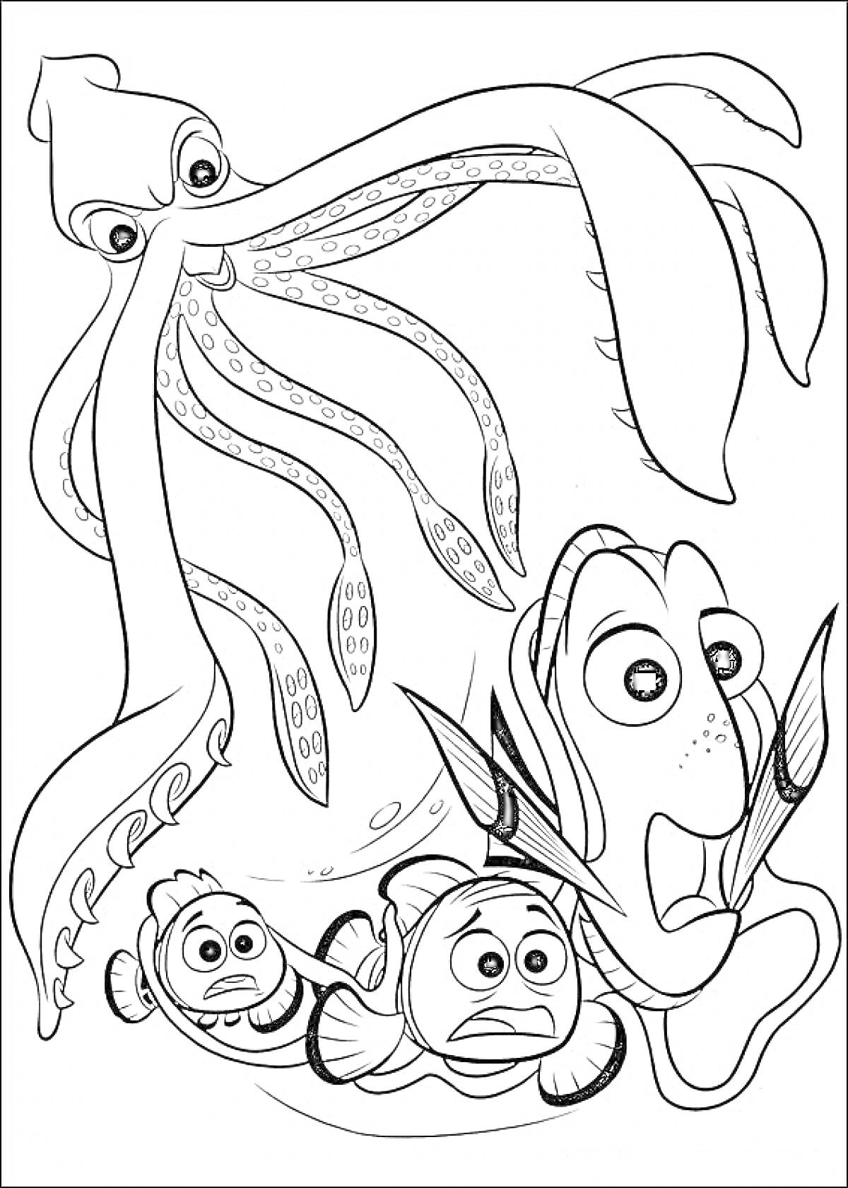 Раскраска Осьминог и рыбки в поисках Дори, осьминог, Дори, Немо и Марлин под водой