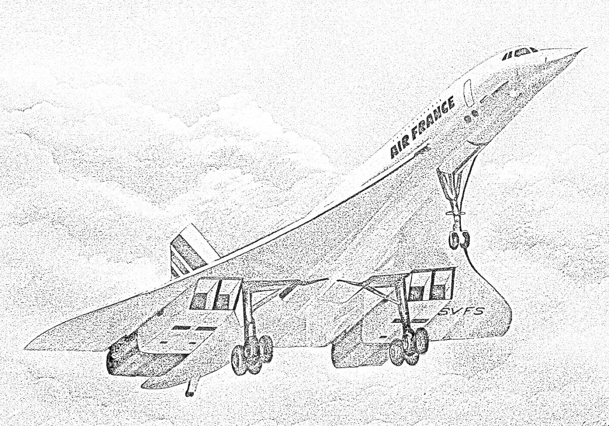 Раскраска Самолет Ту-144 в полете среди облаков