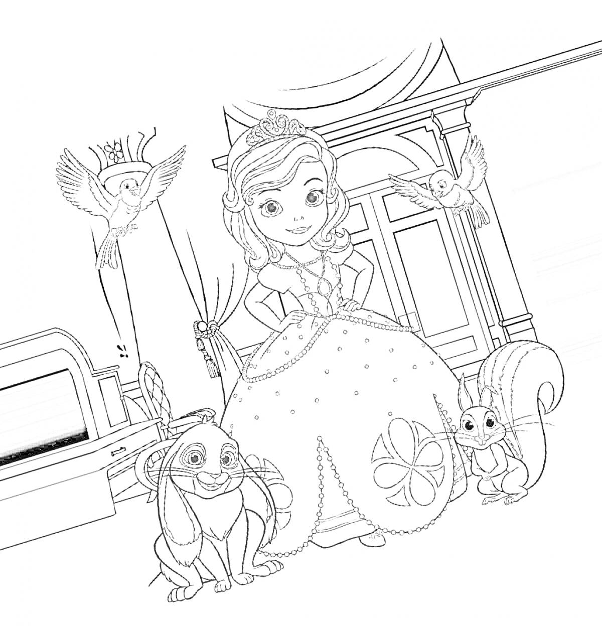 Раскраска Принцесса София в замке с животными, птичками и зайцем