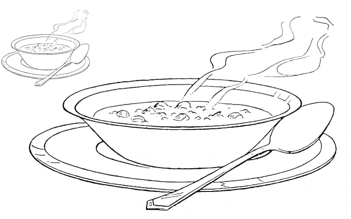 Тарелка супа с ложкой на подставной тарелке, пар