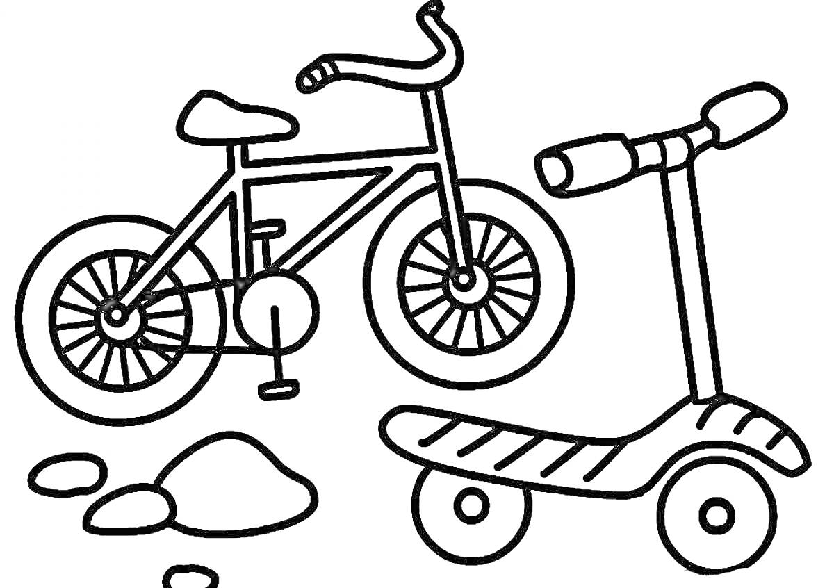 На раскраске изображено: Велосипед, Самокат, Камни, Колеса, Детские игрушки