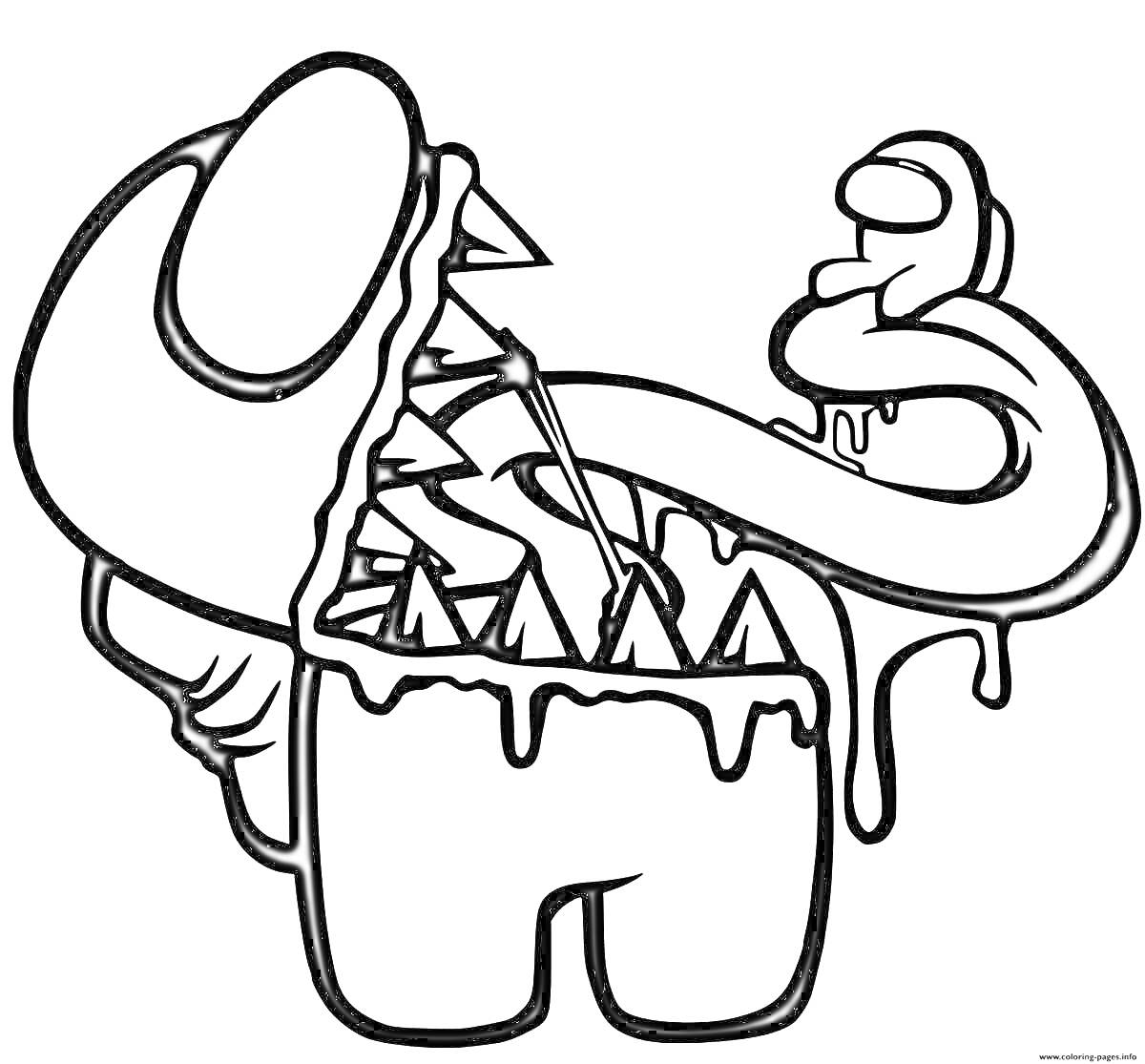 Раскраска Амонг Ас: зомби с длинным языком, острые зубы, вытекающая слизь