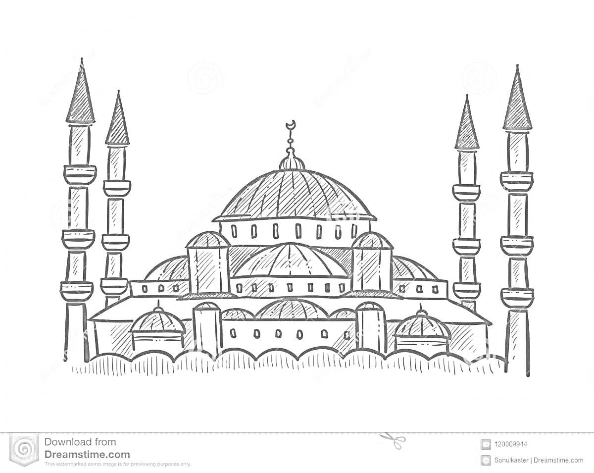 Раскраска Мечеть с четырьмя минаретами и куполами
